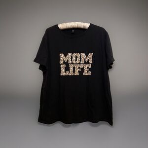 Shein Curve 2XL “Mom Life" Black Short Sleeve Shirt Animal Print Letters